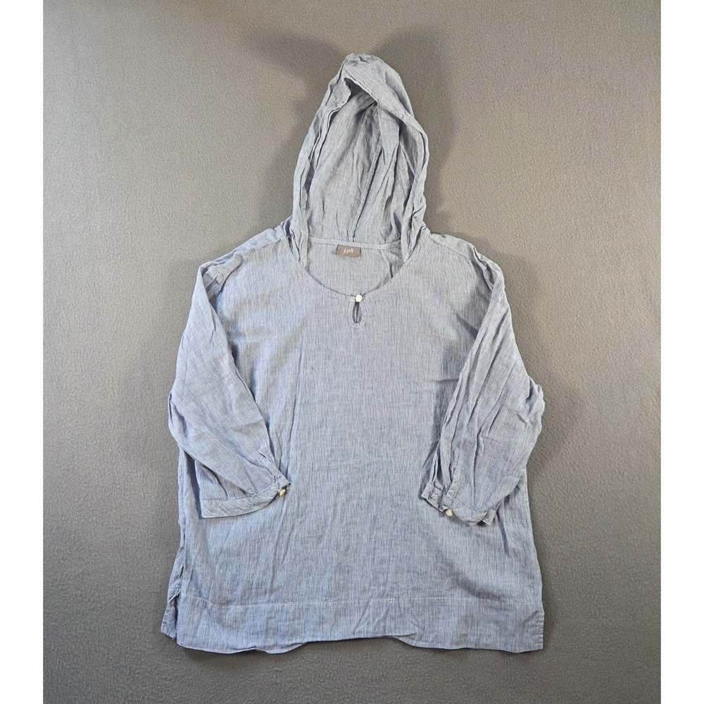 J Jill Hoodie Womens Large Blue Striped Linen Blend Pullover Cover Up Popover